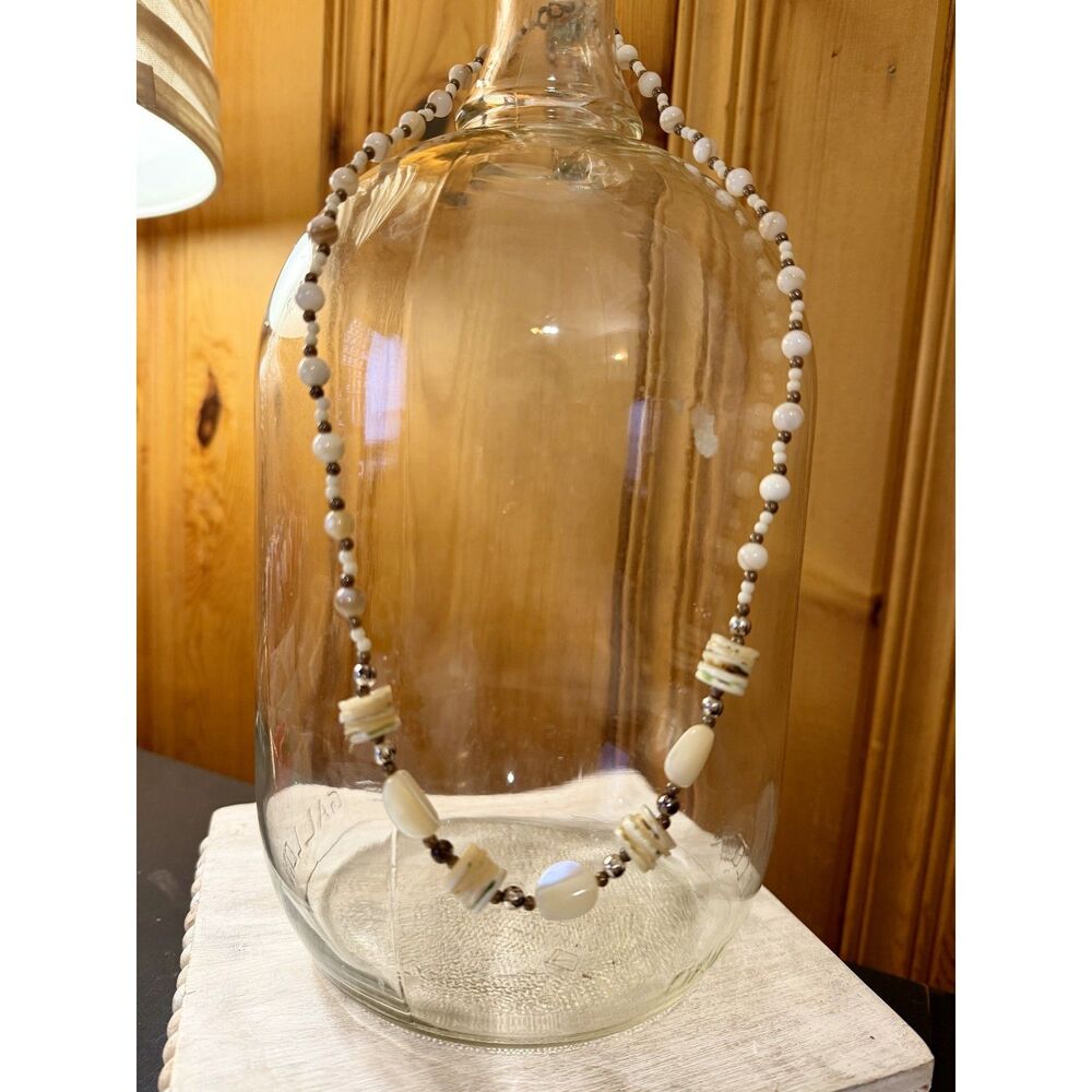 Vintage 1970s Mother of Pearl Station Necklace, Shell Heishi Boho Beaded Choker